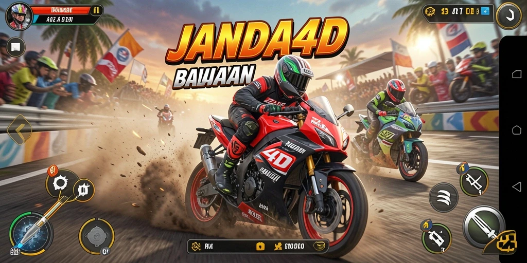 Screenshot gameplay <strong>JANDA4D</strong> menampilkan balapan motor yang menegangkan.