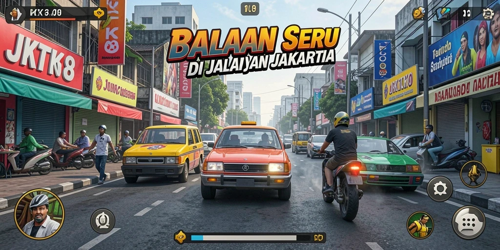 Tampilan utama gameplay balapan JKT8 yang mendebarkan.