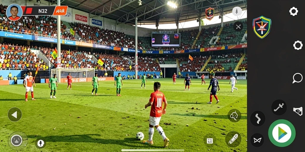 Tangkapan layar gameplay N32 yang menampilkan aksi mendebarkan di lapangan sepak bola.
